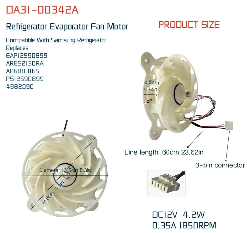 IXGPUTS Upgraded DA31-00342A Refrigerator Evaporator Fan Motor (OEM) for Samsung Refrigerator Replaces EAP12590899,4982090, ARES2130RA, AP6803165, PS12590899 2-Years Warranty - Image 2